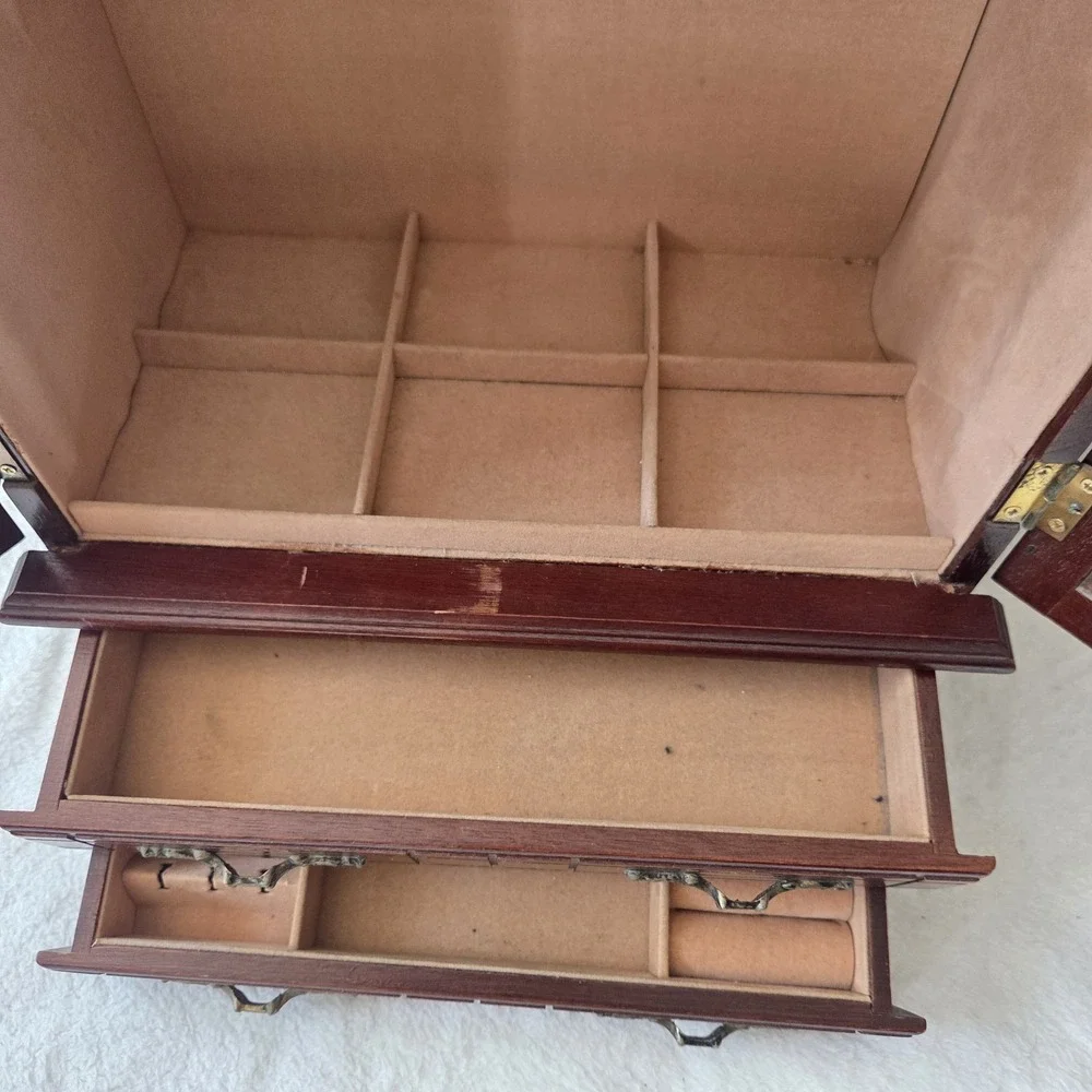 Vintage Jewelry Box Wood Glass Doors Finish 16